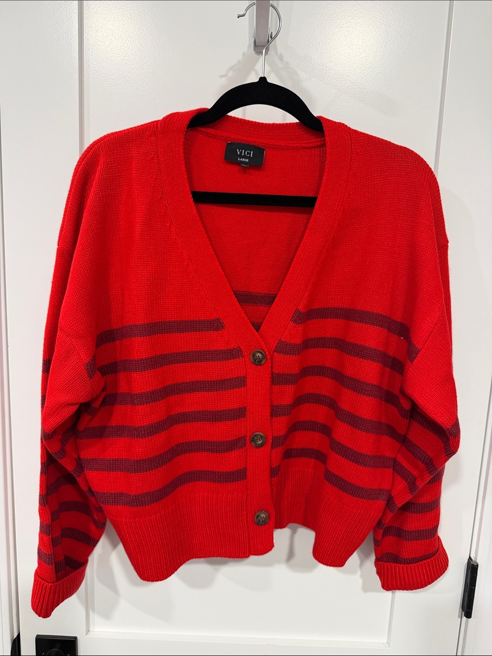 VICI Red Cardigan with Dark Red Stripes